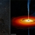 Слева: Cygnus X-1 показан в красном квадрате, в регионе активного звездного формирования, который растянулся на 700 световых лет в Млечном Пути. Справа: Cygnus X-1 в представлении художника