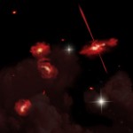 Концепт художника изображает четыре чрезвычайно красных галактики, которые находятся почти 13 миллиардов световых лет от Земли